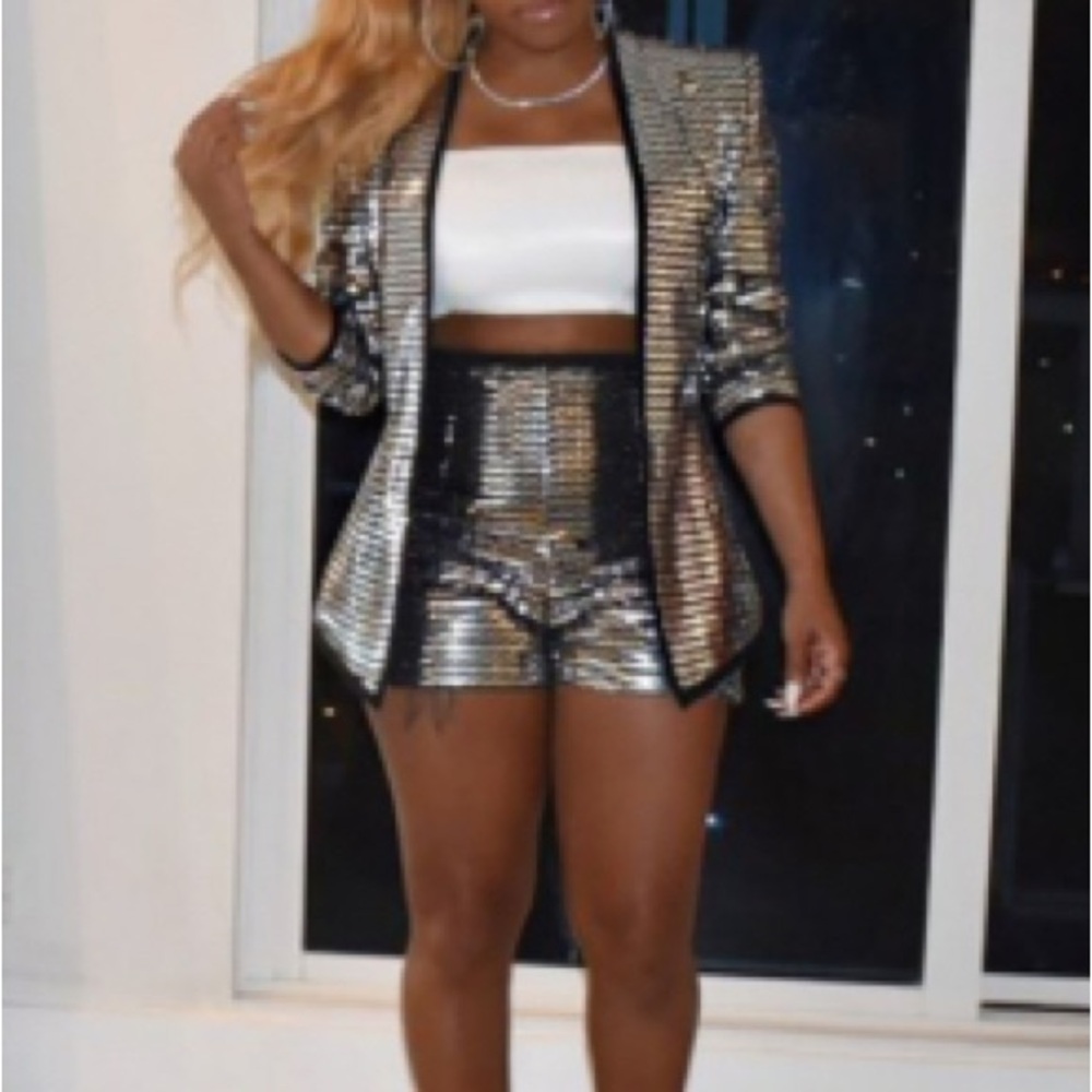 Silver Sequin Blazer and Shorts Set